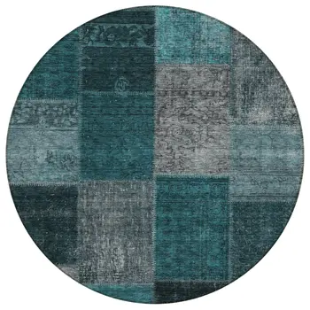 8' Teal Blue Aqua And Charcoal Round Patchwork Washable Indoor Outdoor Area Rug