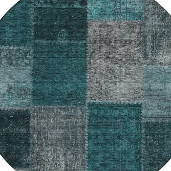 8' Teal Blue Aqua And Charcoal Round Patchwork Washable Indoor Outdoor Area Rug