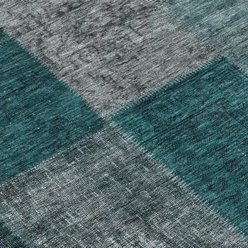 8' Teal Blue Aqua And Charcoal Round Patchwork Washable Indoor Outdoor Area Rug
