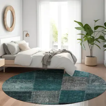 8' Teal Blue Aqua And Charcoal Round Patchwork Washable Indoor Outdoor Area Rug