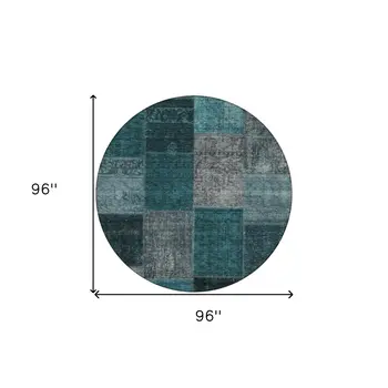 8' Teal Blue Aqua And Charcoal Round Patchwork Washable Indoor Outdoor Area Rug