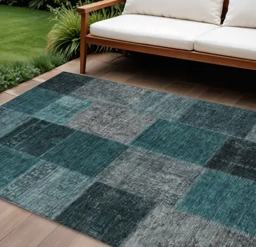 8' X 10' Teal Blue Aqua And Charcoal Patchwork Washable Indoor Outdoor Area Rug