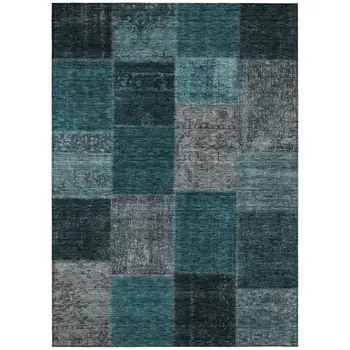 10' X 14' Teal Blue Aqua And Charcoal Patchwork Washable Indoor Outdoor Area Rug