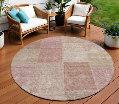 8' Blush Pink And Mauve Round Patchwork Washable Indoor Outdoor Area Rug