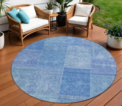 8' Denim Blue And Sky Blue Round Patchwork Washable Indoor Outdoor Area Rug