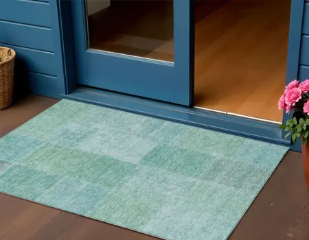 3' X 5' Teal Blue Sage And Green Patchwork Washable Indoor Outdoor Area Rug