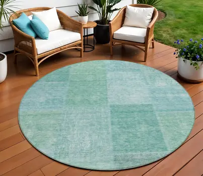 8' Teal Blue Sage And Green Round Patchwork Washable Indoor Outdoor Area Rug