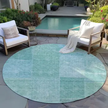 8' Teal Blue Sage And Green Round Patchwork Washable Indoor Outdoor Area Rug