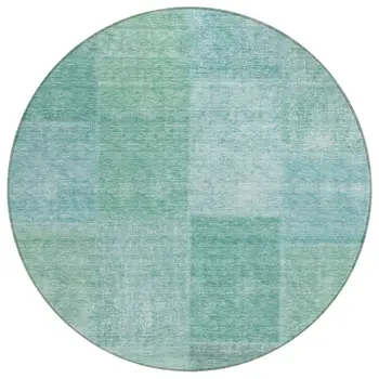 8' Teal Blue Sage And Green Round Patchwork Washable Indoor Outdoor Area Rug