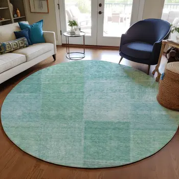 8' Teal Blue Sage And Green Round Patchwork Washable Indoor Outdoor Area Rug