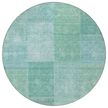8' Teal Blue Sage And Green Round Patchwork Washable Indoor Outdoor Area Rug
