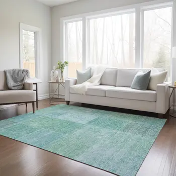 9' X 12' Teal Blue Sage And Green Patchwork Washable Indoor Outdoor Area Rug