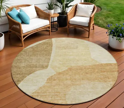 8' Beige Copper And Brown Round Abstract Washable Indoor Outdoor Area Rug
