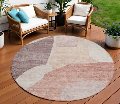 8' Blush Pink And Mauve Round Abstract Washable Indoor Outdoor Area Rug