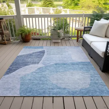 5' X 8' Denim Blue And Navy Blue Abstract Washable Indoor Outdoor Area Rug