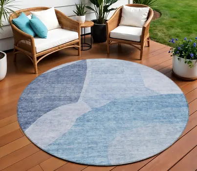 8' Denim Blue And Navy Blue Round Abstract Washable Indoor Outdoor Area Rug
