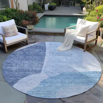 8' Denim Blue And Navy Blue Round Abstract Washable Indoor Outdoor Area Rug