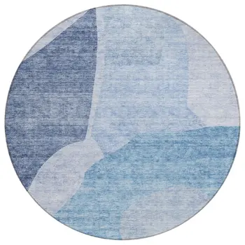 8' Denim Blue And Navy Blue Round Abstract Washable Indoor Outdoor Area Rug