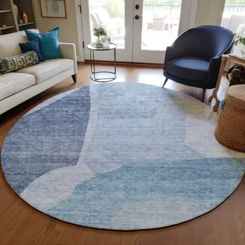 8' Denim Blue And Navy Blue Round Abstract Washable Indoor Outdoor Area Rug