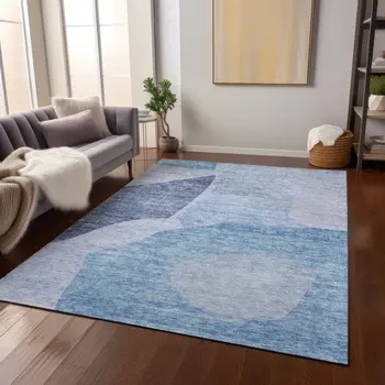 8' X 10' Denim Blue And Navy Blue Abstract Washable Indoor Outdoor Area Rug