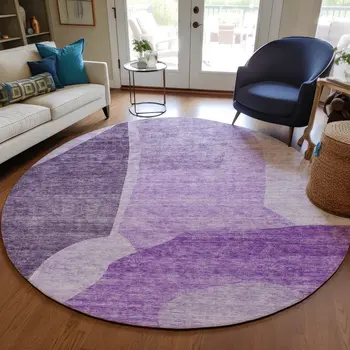 8' Eggplant Purple And Lilac Round Abstract Washable Indoor Outdoor Area Rug