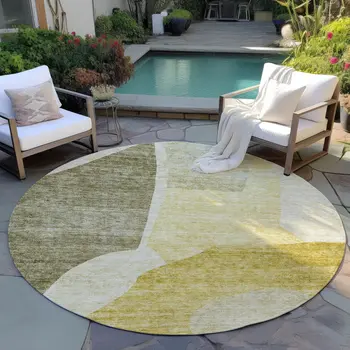 8' Gold Beige And Wheat Round Abstract Washable Indoor Outdoor Area Rug