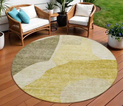 8' Gold Beige And Wheat Round Abstract Washable Indoor Outdoor Area Rug
