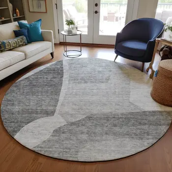 8' Silver Gray And Graphite Round Abstract Washable Indoor Outdoor Area Rug