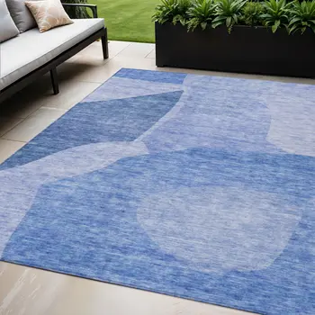 5' X 8' Navy Blue And Denim Blue Abstract Washable Indoor Outdoor Area Rug
