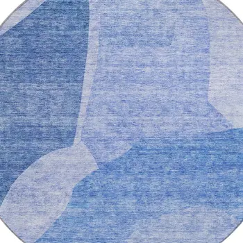 8' Navy Blue And Denim Blue Round Abstract Washable Indoor Outdoor Area Rug