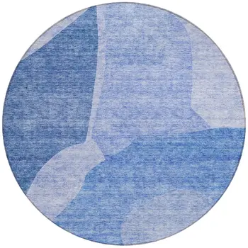 8' Navy Blue And Denim Blue Round Abstract Washable Indoor Outdoor Area Rug