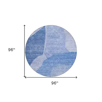 8' Navy Blue And Denim Blue Round Abstract Washable Indoor Outdoor Area Rug