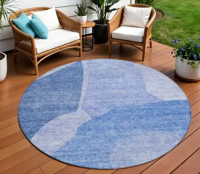 8' Navy Blue And Denim Blue Round Abstract Washable Indoor Outdoor Area Rug