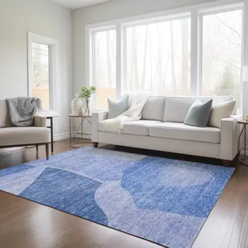 9' X 12' Navy Blue And Denim Blue Abstract Washable Indoor Outdoor Area Rug