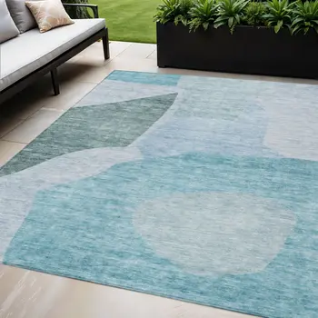 5' X 8' Teal Blue Artichoke Green And Blue Abstract Washable Indoor Outdoor Area Rug