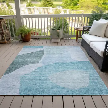 5' X 8' Teal Blue Artichoke Green And Blue Abstract Washable Indoor Outdoor Area Rug