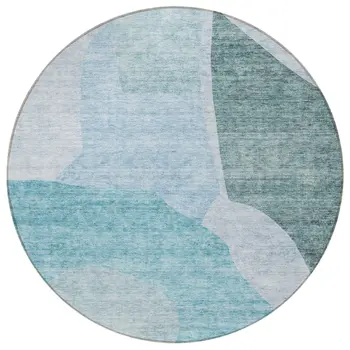 8' Teal Blue Artichoke Green And Blue Round Abstract Washable Indoor Outdoor Area Rug