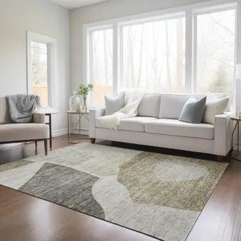 3' X 5' Taupe Brown And Beige Abstract Washable Indoor Outdoor Area Rug