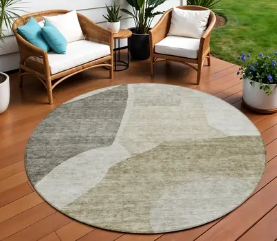 8' Taupe Brown And Beige Round Abstract Washable Indoor Outdoor Area Rug