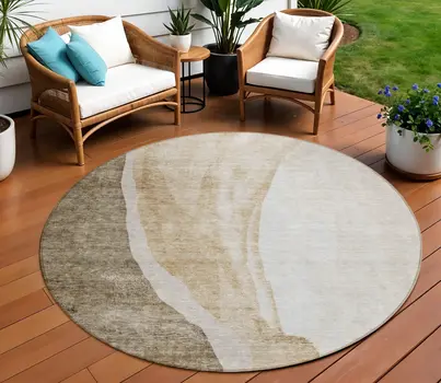 8' Brown And Taupe Round Abstract Washable Indoor Outdoor Area Rug