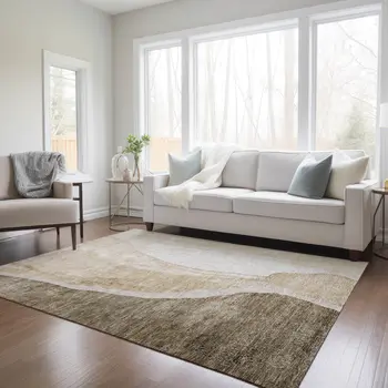 9' X 12' Brown And Taupe Abstract Washable Indoor Outdoor Area Rug