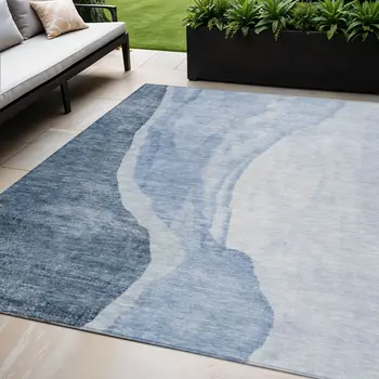 5' X 8' Navy Blue And Sky Blue Abstract Washable Indoor Outdoor Area Rug