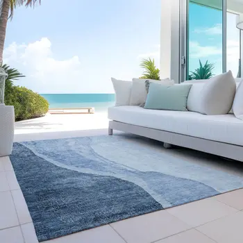 5' X 8' Navy Blue And Sky Blue Abstract Washable Indoor Outdoor Area Rug