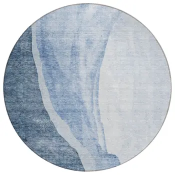 8' Navy Blue And Sky Blue Round Abstract Washable Indoor Outdoor Area Rug