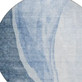 8' Navy Blue And Sky Blue Round Abstract Washable Indoor Outdoor Area Rug