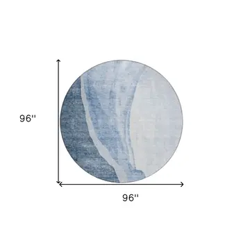 8' Navy Blue And Sky Blue Round Abstract Washable Indoor Outdoor Area Rug