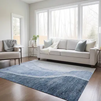 9' X 12' Navy Blue And Sky Blue Abstract Washable Indoor Outdoor Area Rug