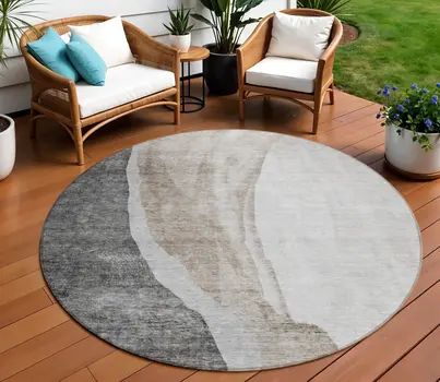 8' Charcoal Gray And Taupe Round Abstract Washable Indoor Outdoor Area Rug