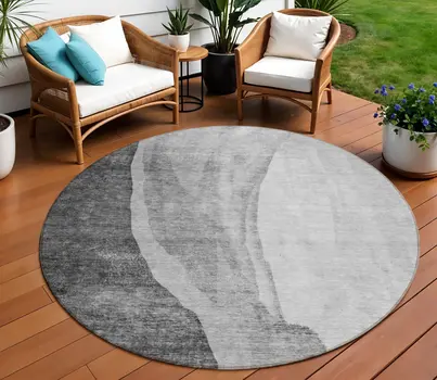 8' Gray Charcoal And Silver Round Abstract Washable Indoor Outdoor Area Rug
