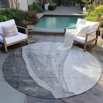 8' Gray Charcoal And Silver Round Abstract Washable Indoor Outdoor Area Rug